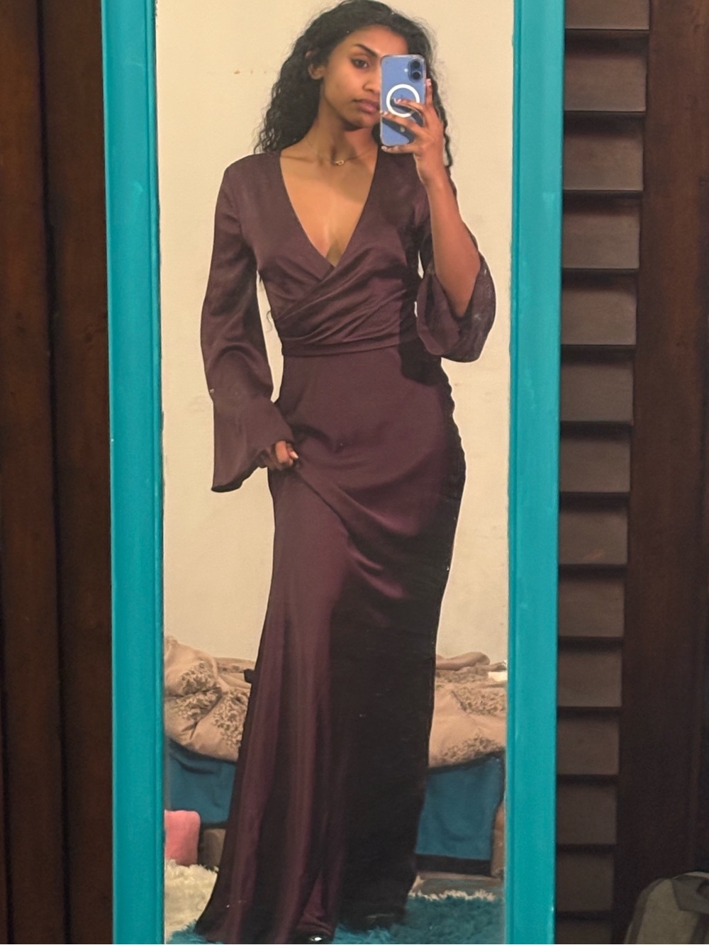L'AGENCE Plum Wrap Satin Maxi Dress with Bell Sleeves
